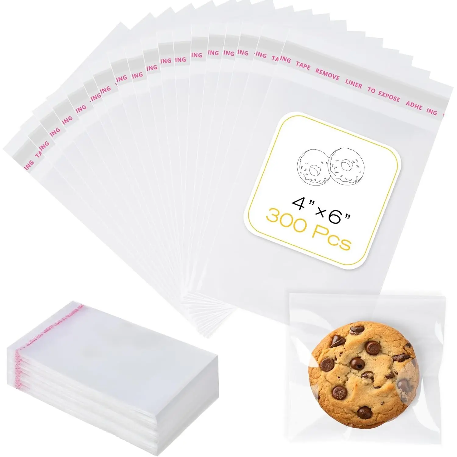 300 count Cookie Bags with Seal, 4x6 Inches Self Sealing Cellophane Bags, Clear Cookie Bag Resealable  Bags for Packaging Cookies, Candy, Gifts, Favors, 3 Mils Individual Self Adhesive Wrappers