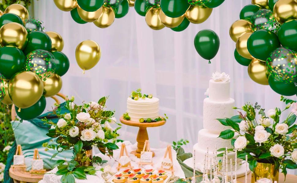 65Pcs Green Gold Balloons Set, Dark Green & Metallic Gold Balloons, Confetti Latex Balloons for Birthday, Graduation, St. Patrick's Day, Jungle Party Decorations
