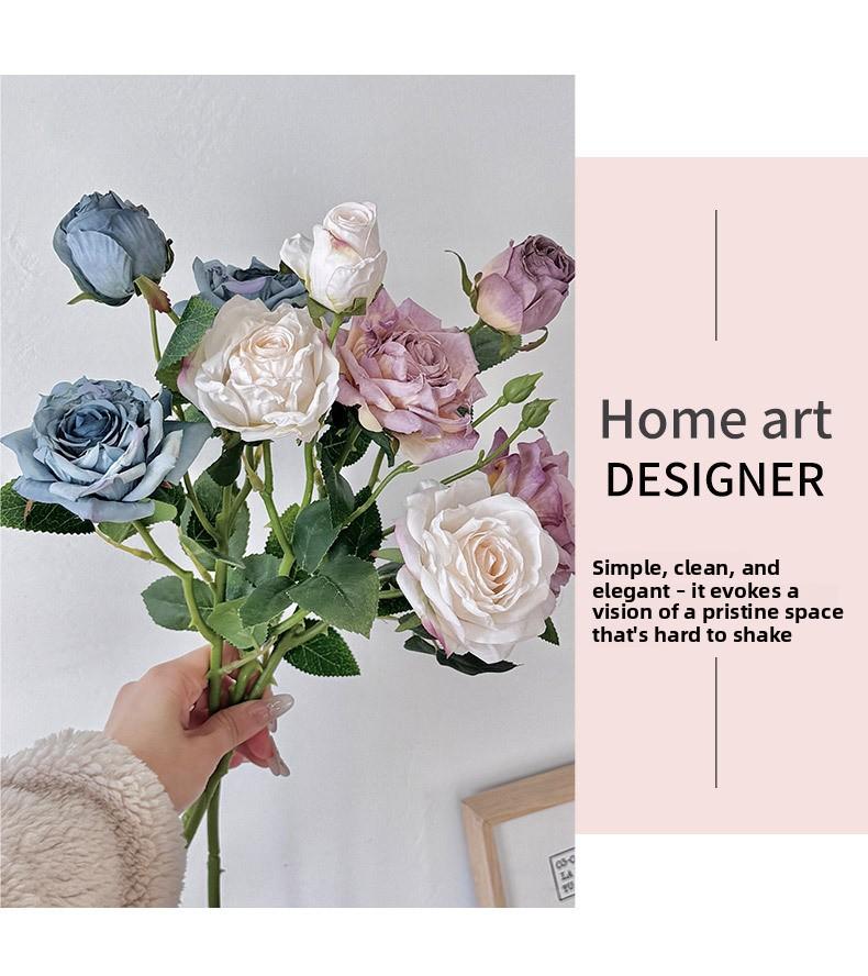 Vintage Burnt Edge 3-Head Rose Oil Painting Style Artificial Flowers Dried Flowers Handheld Bouquet Fake Flowers Decoration Photo Props