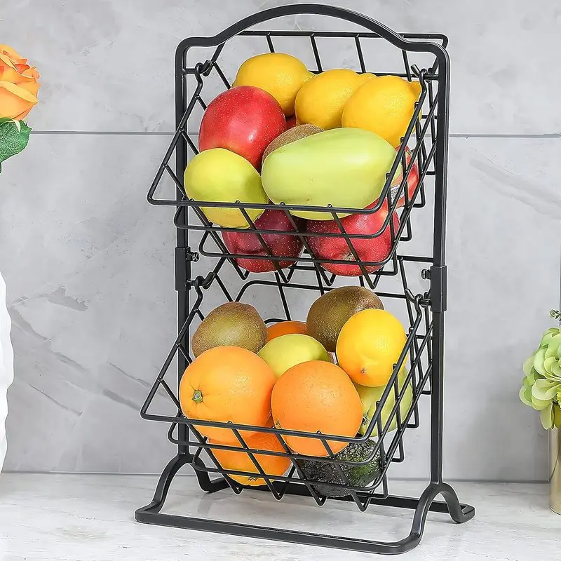 Matte Black Slanted 2-Tier Metal Wire Mesh Compact Fruit Basket, Kitchen Counter Organizer for Produce, Bread, Snacks, Iron