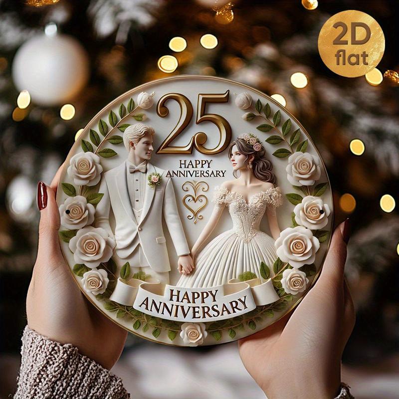 1PC 25th Anniversary Metal Wall Plaque - Old Silver Wedding Celebration Design, 19.99x 19.99cm Round Iron Sign, Featuring a Couple in Formal Attire, Rose and Heart Patterns, Perfect for Home, Office, Bar, Coffee Shop Decoration, Indoor/Outdoor Use, Ideal