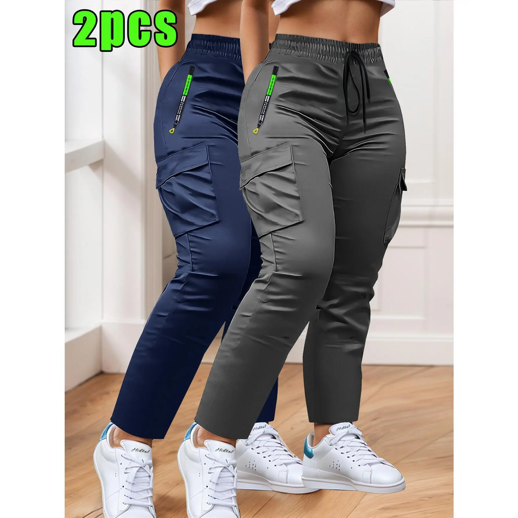Women's 2-Pack Utility Cargo Pants, Streetwear Workwear Style with Multi-Pocket Design, Adjustable Drawstring Elastic Waist, Lightweight Non-Stretch Full-Length Trousers, Perfect for Gym, Outdoor Activities and Daily Casual Wear