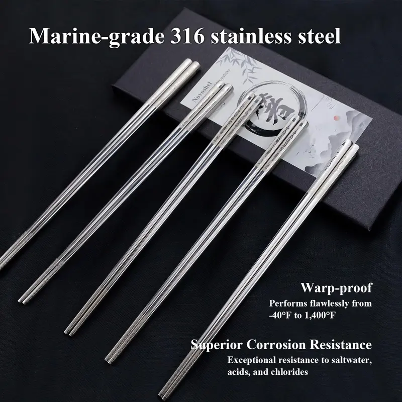 Novoshel 5-Pair Stainless Steel Chopsticks Set - Laser Engraved Abundance Pattern