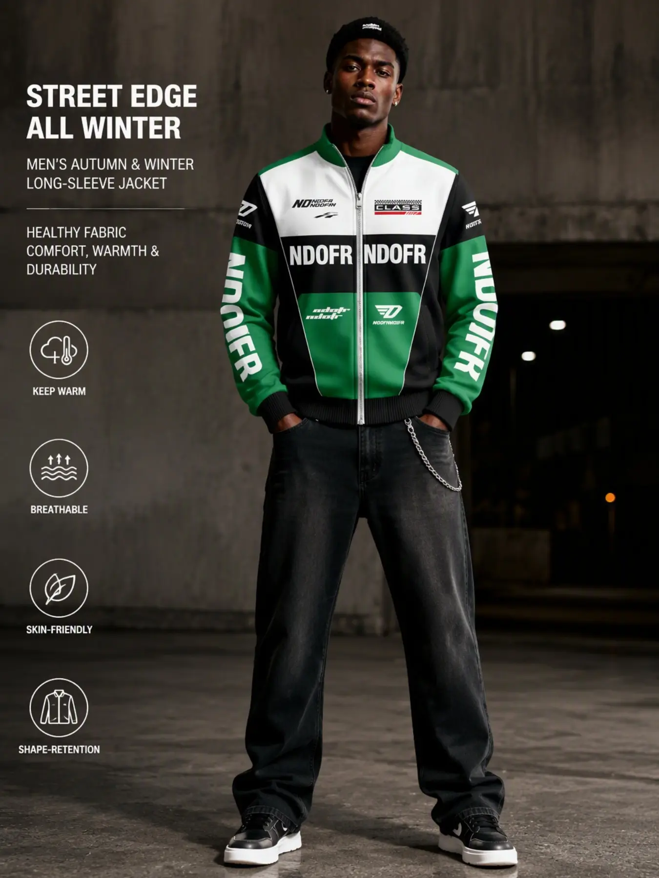 Men's Patchwork Motorcycle Jacket, Full Zip Baseball Collar, Retro Racing Team Print, Windproof Fall Winter Coat