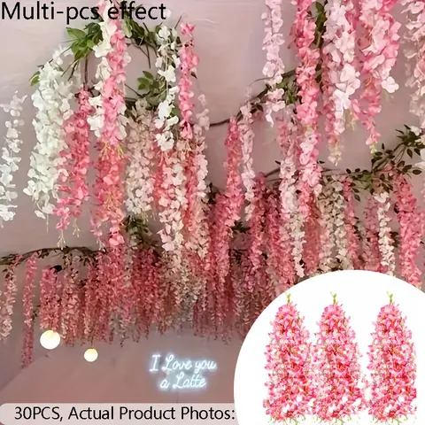 A Set of 30 Pink Artificial Wisteria Flowers for Hanging Decoration, Decorative Faux Flowers, Fake Floral Decor, Synthetic Vines, And Indoor/Outdoor Decor, Suitable for Family Gatherings, Weddings, Faux Flower Decorations