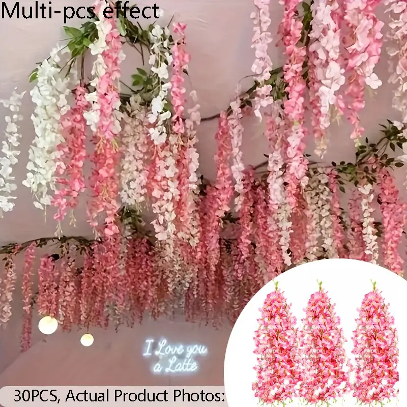 A Set of 30 Pink Artificial Wisteria Flowers for Hanging Decoration, Decorative Faux Flowers, Fake Floral Decor, Synthetic Vines, And Indoor/Outdoor Decor, Suitable for Family Gatherings, Weddings, Faux Flower Decorations