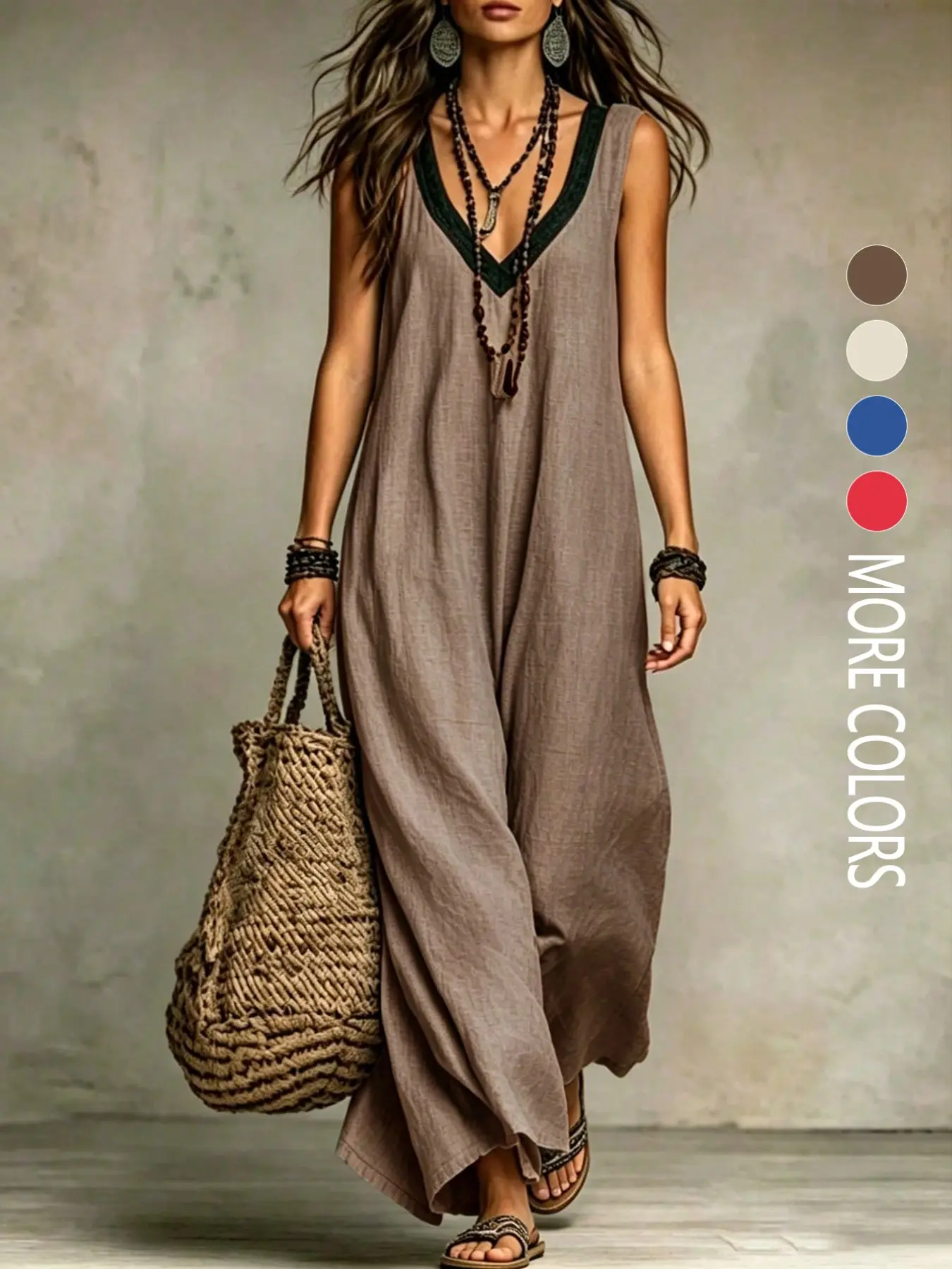 This women's casual V-neck sleeveless dress features a color-blocked design and is suitable for daily commutes, travel, and all seasons. It's fashionable and trendy.