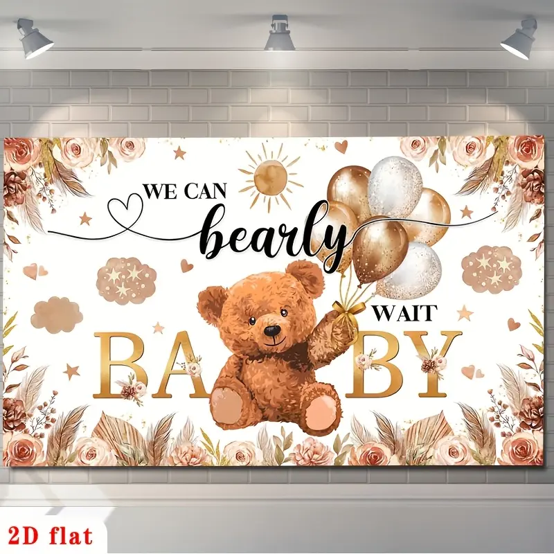 2D flat design, [party background] 2D flat banner, 1 piece of "We Can't Wait" theme, teddy bear, flowers, hot stamping text, soft bohemian style polyester background fabric, suitable for party decoration, farms, gardens, homes, rooms, clubs, tc
