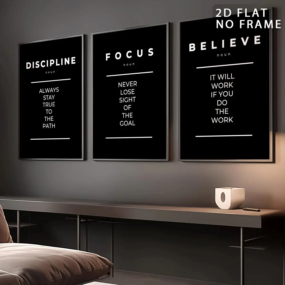 3pcs Set Inspirational Quote Canvas Art Prints, Art Work For Wall Decor, Modern Black and White Discipline, Focus, Believe Typography Posters, Unframed Rolled Canvas Pictures for Office and Bedroom Decor (No Frame Included)