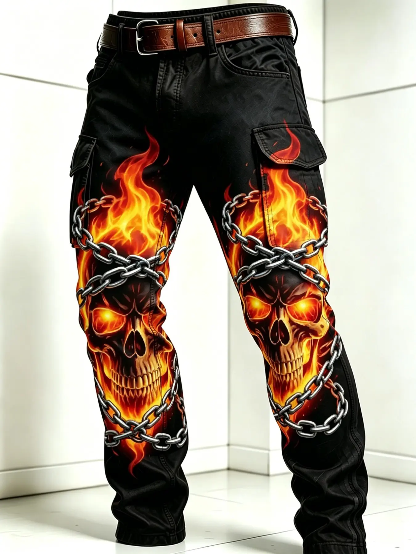 Men's Punk Workwear Pants, Skull Pattern, Multi-Pocket, Ankle-Length, Button Fly, Fall & Winter Casual Slim Fit Long Pants, Casual Cargo Pants