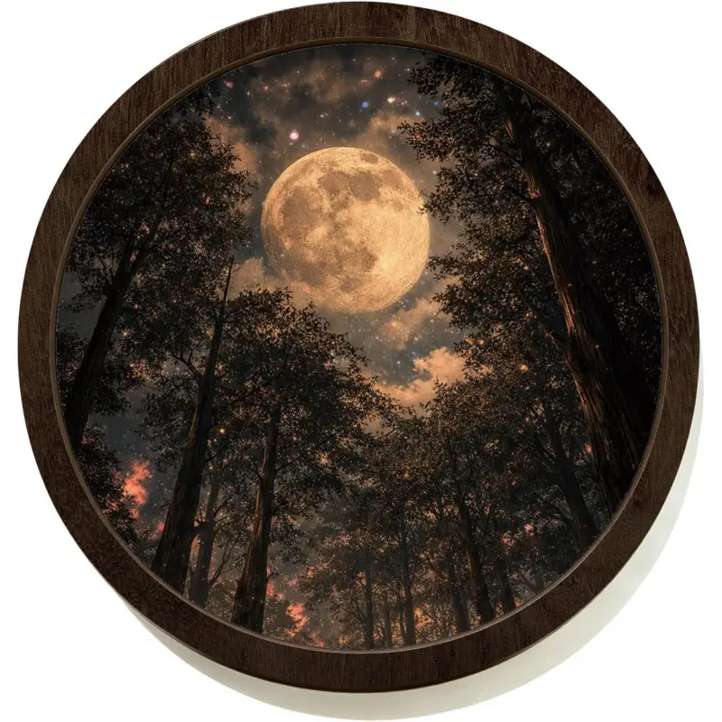 Double-layer wooden dark academia style full moon forest log wall decor, melancholic rustic cosmic forest landscape wall art, framed design, suitable for home bedrooms, living rooms, and offices, Wall Decoration, Artwork For Walls, Unique Artwork