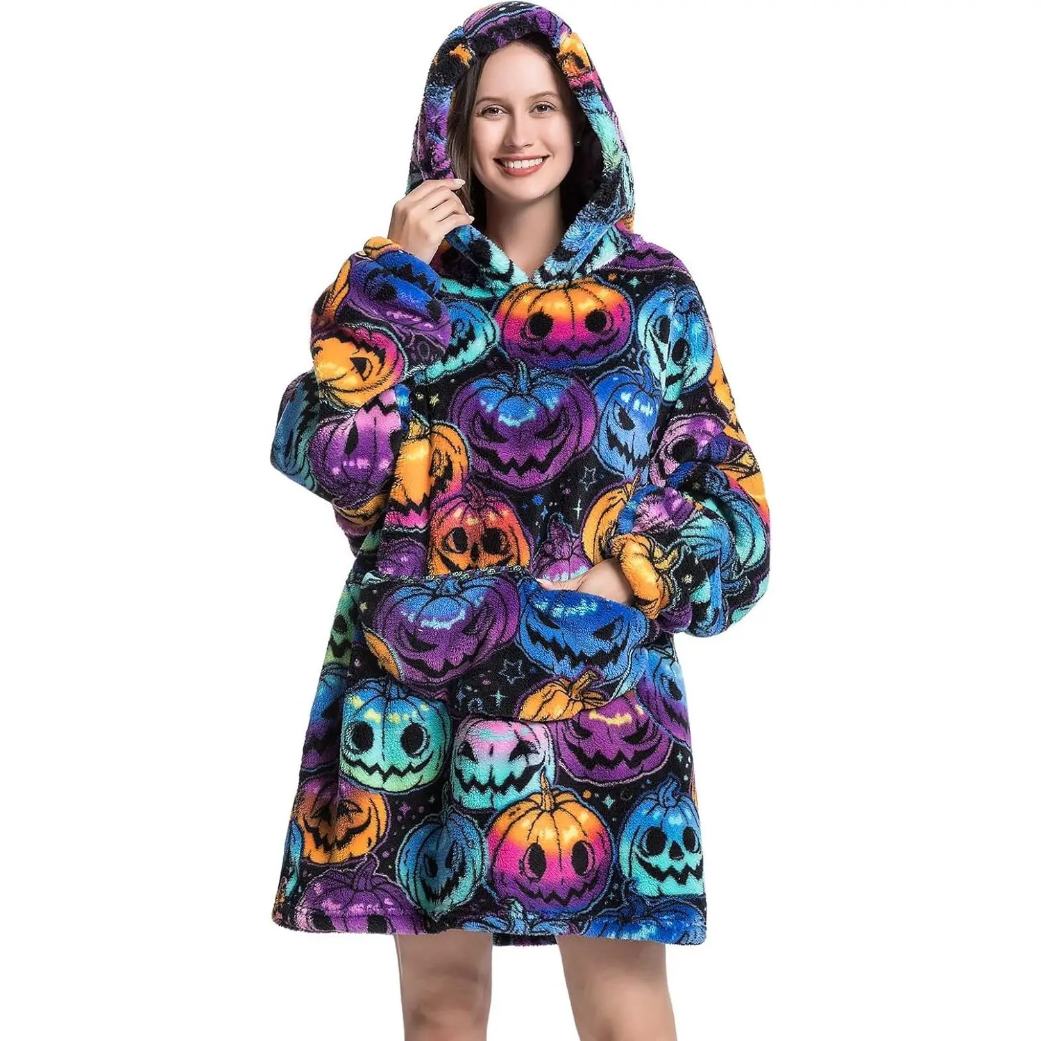 Wearable Blanket Hoodie for Adult Halloween Pumpkin| Oversized Hooded Sweatshirt with and Sleeves, Flannel Fleece Soft Comfortable Warm, for Halloween Christmas
