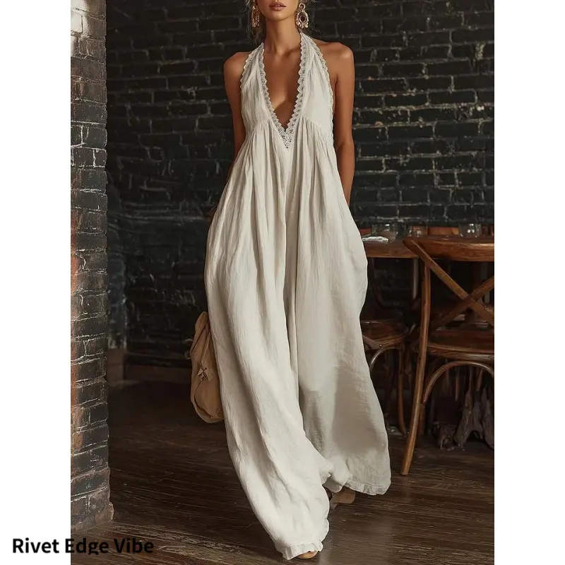 Casual, elegant, comfortable, lace-trimmed loose jumpsuit