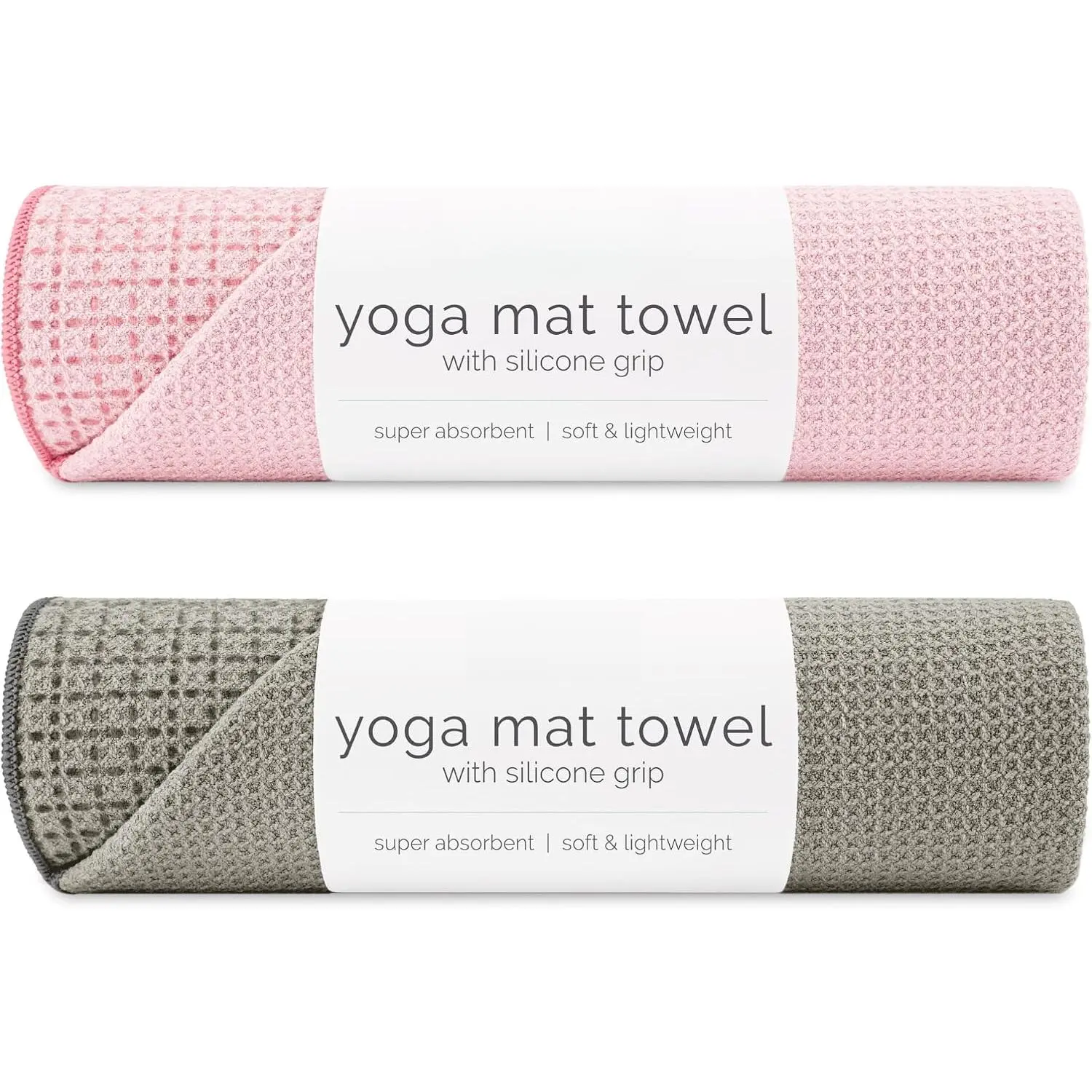 Yoga Mat Towel with Non-Slip Grip, Enhanced Silicone Grip, Soft and Absorbent for Gym, Pilates, and Hot Yoga Mat, 2 Pack, 24 inches x 72 inches, 340GSM, Pink and Grey
