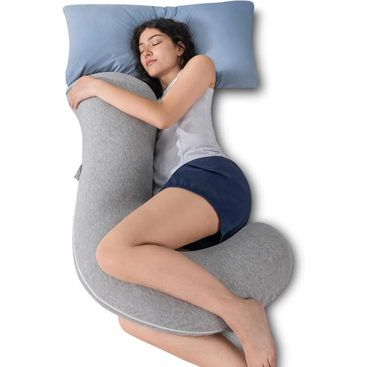 Supportive Full Body S-Shaped Body Pillow for Side Sleepers - Cooling, Soft Hug Pillow for Adults, Grey