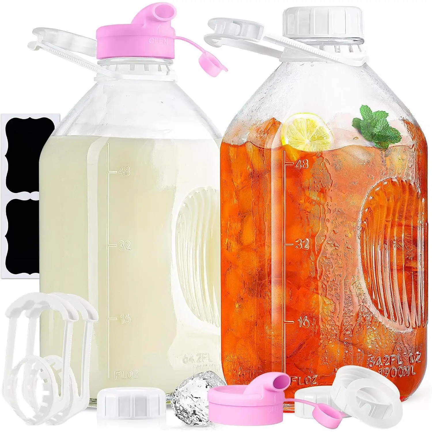 2 Pack 1/2 Gallon Glass Milk Bottles with Airtight Screw Lid & Handle & 2 Spouts - Heavy Duty Glass Water Bottles - Breastmilk Jug Pitcher with Scale Lines, Milk Container for Refrigerator StorageGift.