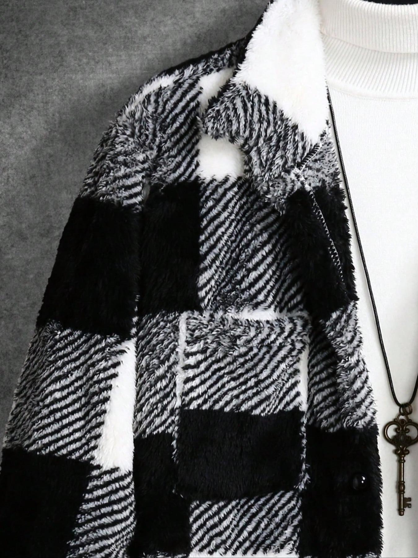 Men's Plaid Pattern Button Front Plush Jacket, Casual Drop Shoulder Long Sleeve Outerwear for Fall & Winter, Men's Clothes for Daily Wear, Coats