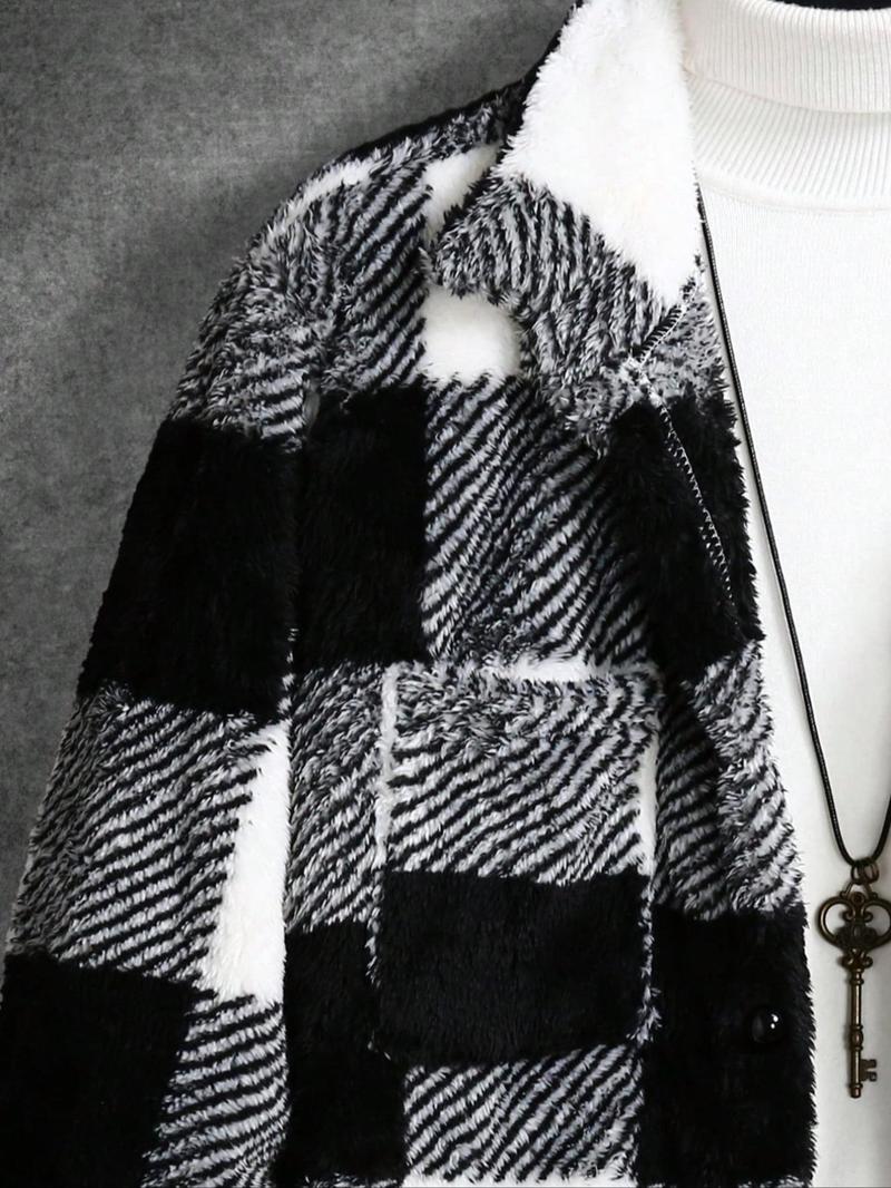 Men's Plaid Pattern Button Front Plush Jacket, Casual Drop Shoulder Long Sleeve Outerwear for Fall & Winter, Men's Clothes for Daily Wear, Coats