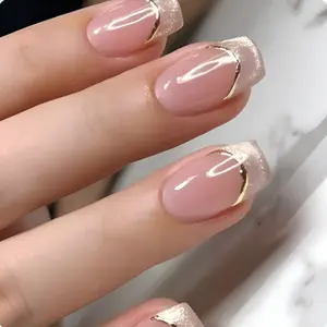 24Pcs Short Square Press On Nails，Icy Nude Base with Glitter Tips & Gold Line Art Salon Quality & Easy Apply Kit with 1 Nail Glue And 1 Nail File Perfect for Daily Office Wear & Date Nights
