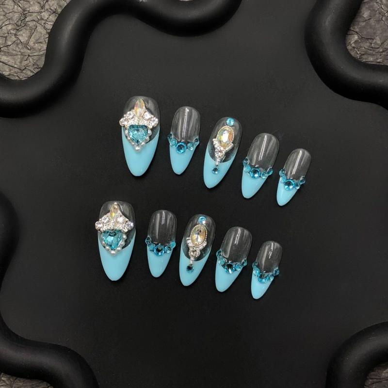 10 PCS Baby Blue Press On Nails/Rhinestone Handmade Press On Nails