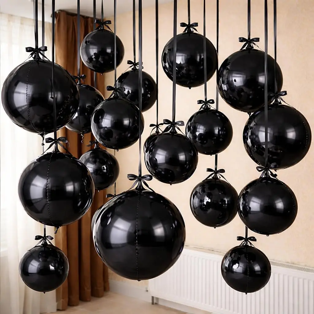 Black Round Foil Balloons, 12PCS Different Sizes 4D Metallic Balloon Large Black Sphere Mirror Ball Balloons for Prom Graduation Halloween Birthday Party Ceiling Decorations Supplies