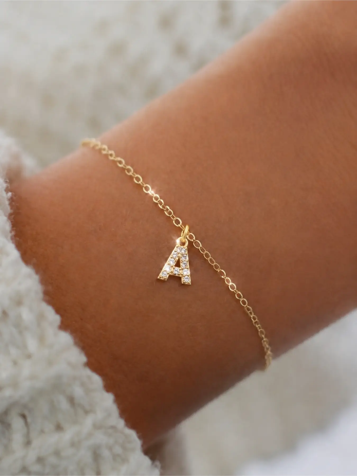 Initial Bracelet for Women, A-Z Dainty Pavé Letter Charm Bracelet, Adjustable Hand Chain Stainless Steel Personalized Jewelry Gift for Her