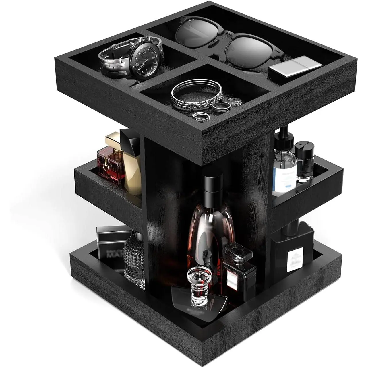 Cologne Organizer for Men with Metal Base, 360° Rotating Perfume Stand Heavy Duty, 3 Tier Wooden Cologne Shelf, Large Capacity  Display for Bathroom Dresser, Smooth Swivel Bearing (Black)