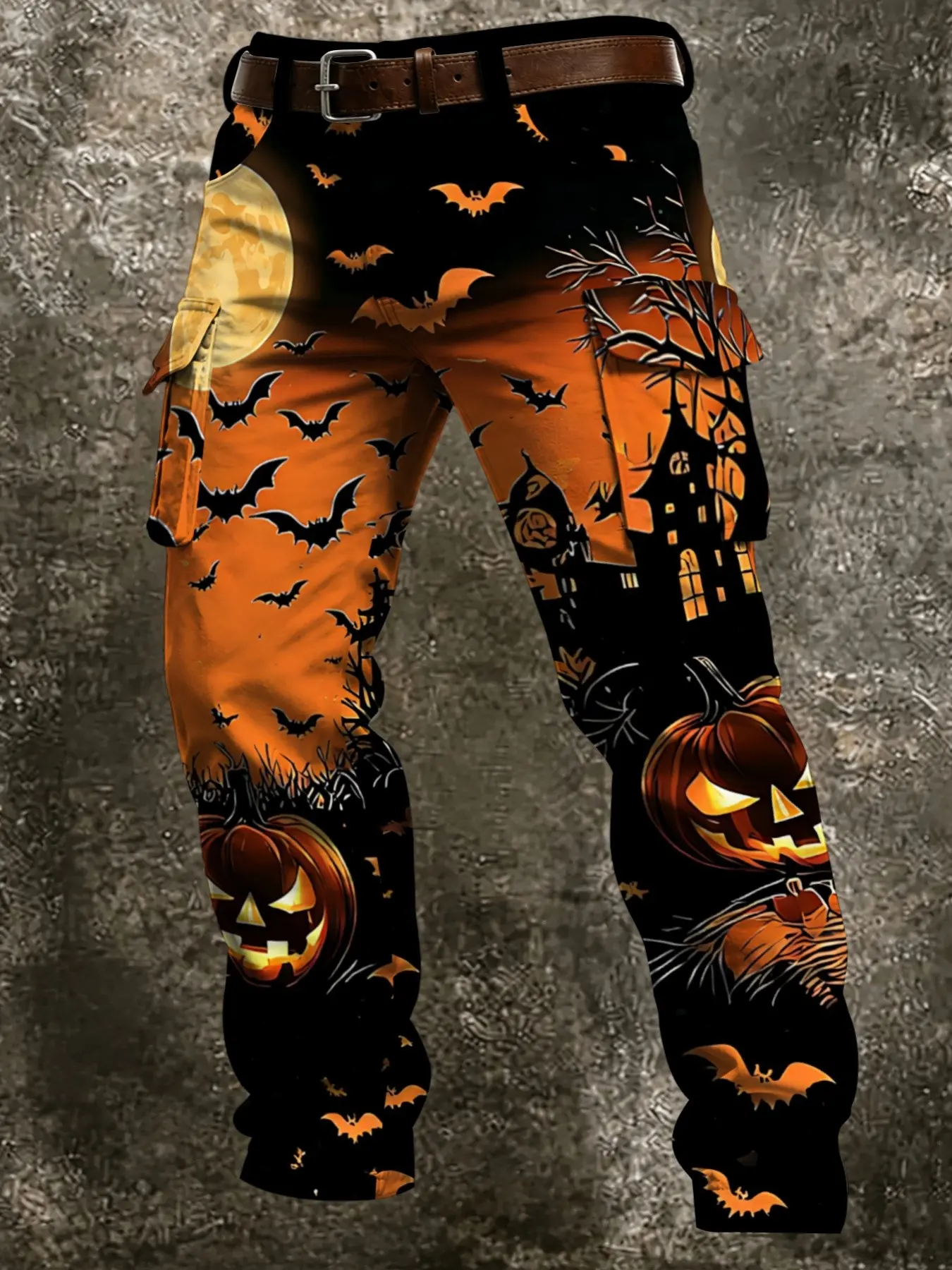 Men's Halloween Print Workwear Pants, Classic Jack Pumpkin & Bat Design, Ankle-Length Slim Fit, Casual Button Fly Pockets