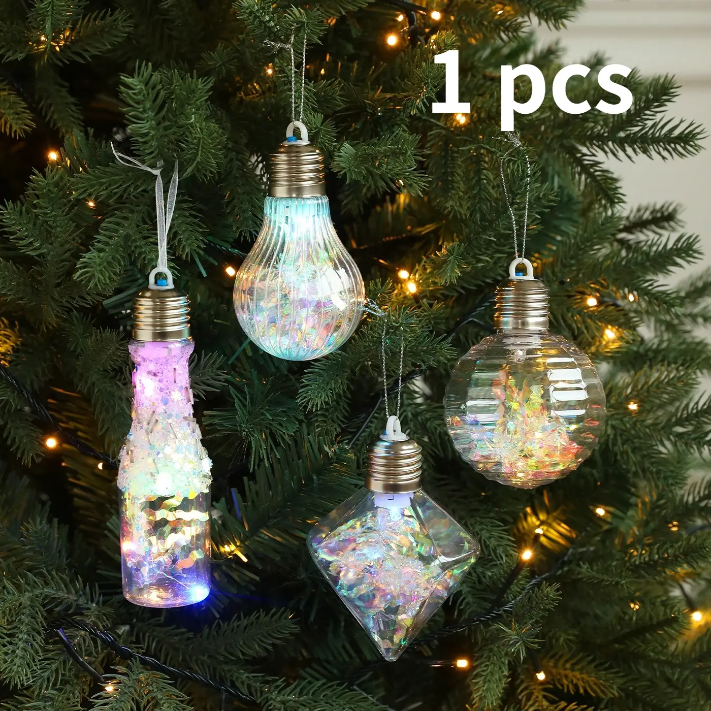 Multi‑Shape Iridescent Light‑Up Christmas Bauble Ornaments, Sequin‑Filled Hanging Lights, Xmas Tree Decor Pendants for Holiday Party Atmosphere