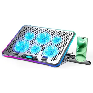 Aluminum Alloy RGB Gaming Laptop Cooler, 6 Fans LCD Screen 10 RGB Modes with Memory Function, 4 USB 3.0 & 2.0 Ports, 9 Adjustable Heights, Fits 10-21 Inch Laptops for Desk & Lap Use