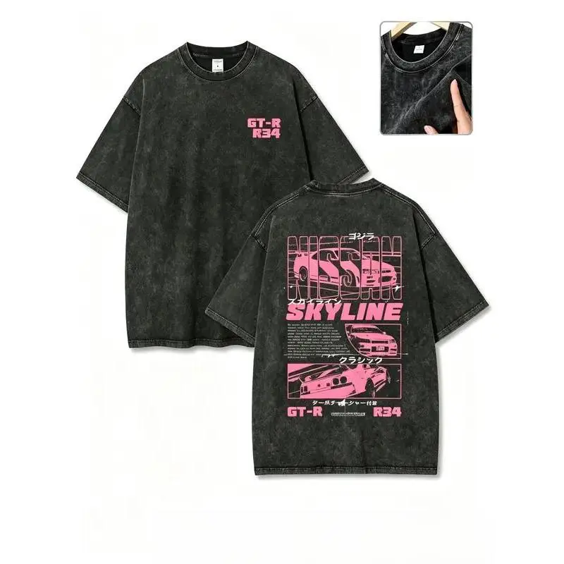 Heavyweight Vintage Wash GT-R R34 Skyline Graphic Tee Oversized Japanese JDM Racing Streetwear Y2K Car Lover Cotton T-Shirt Unisex