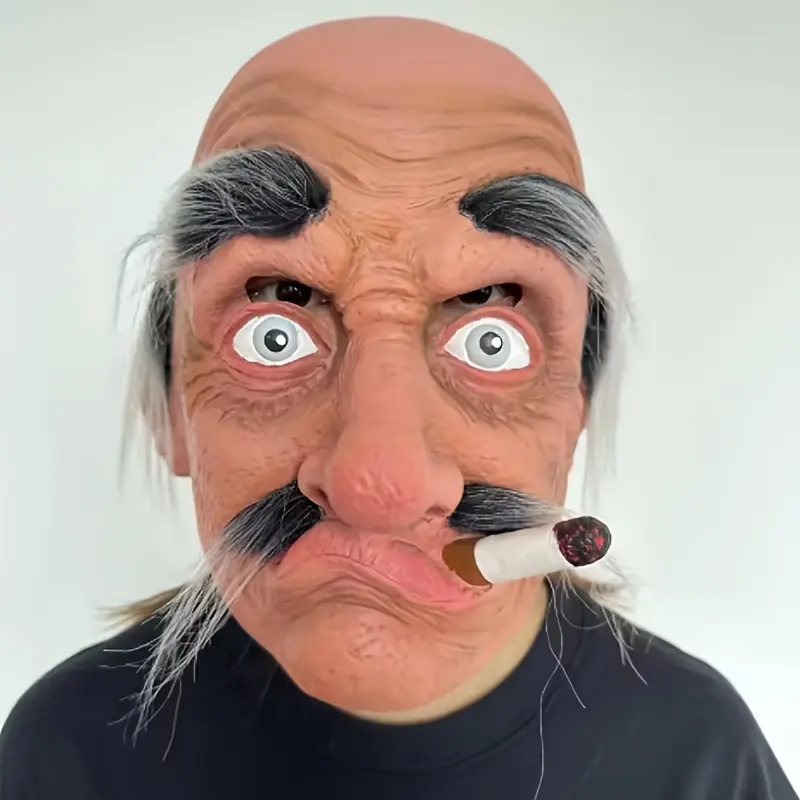 Fun and realistic smoking old man mask, full-head grandpa mask with long beard for role-playing, costume accessory for Halloween carnivals and parties, Hyper Realistic Mask, Elderly Mask