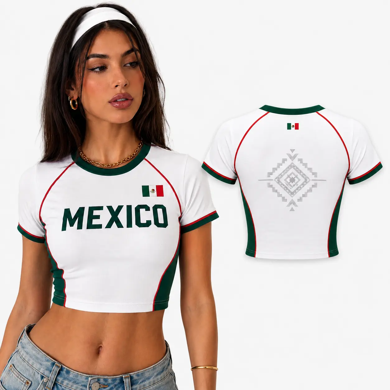 Women's Form-Fitting Mexican Heritage Crop Top - Breathable Stretch Fabric Soccer Jersey, Mexico Jersey, Breathable Athletic Top for Independence Day, Soccer Game Day & Casual Wear