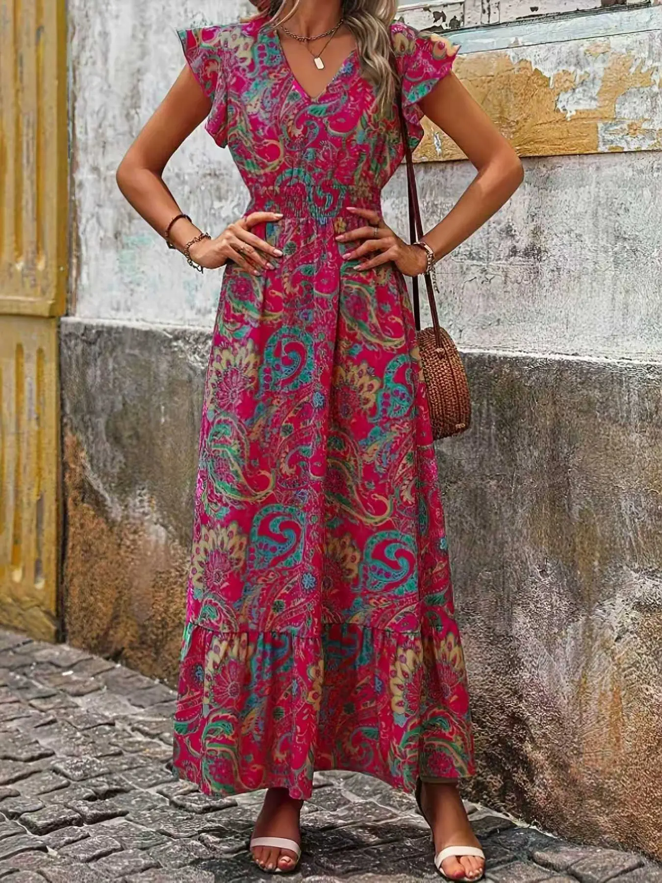 Summer Dress Spring Clothing, Casual All Over Print V Neck, Puffy Sleeves, Pleated Waist, Ruched Hem, Women's Fashion Apparel
