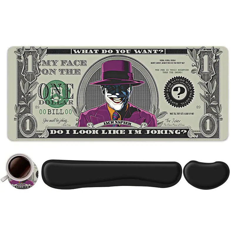 4pcs Joker Dollar Bill Design Mouse Pad + Keyboard Wrist Rest + Ergonomic Mouse Pad + Coaster Set For Desktop Decoration, Office Accessories Set Ergonomic Wrist Support, Computer Mat Mouse Pad Coaster Suitable For Home Office Gaming