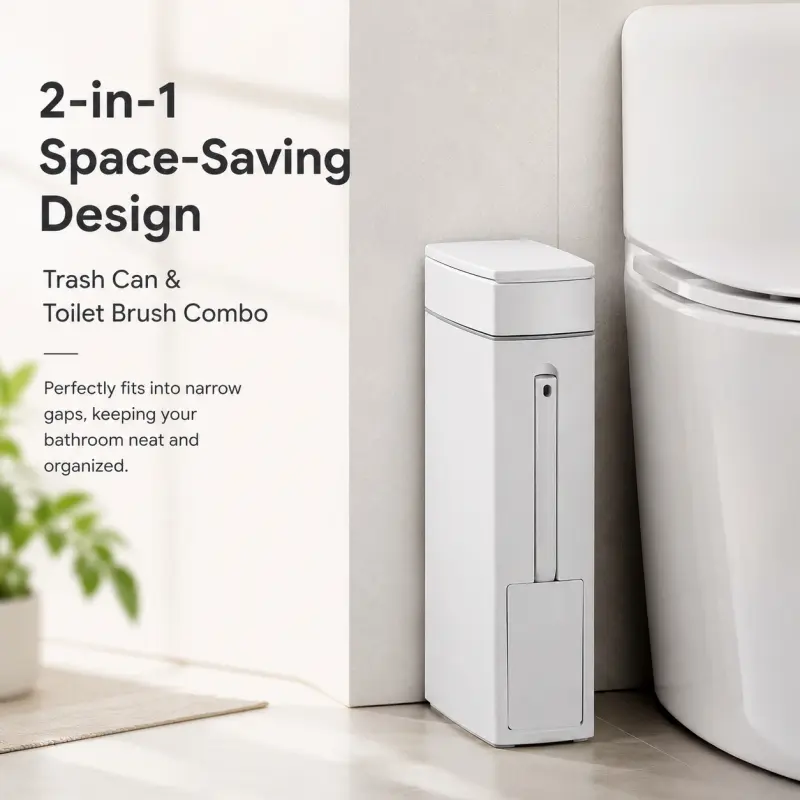 2-in-1 Narrow Bathroom Trash Can with Toilet Brush, Space-Saving Slim Design  All-in-One Cleaning Set for Small Bathrooms, Apartments  Toilet Brush & Waste Bin Combo Bathroom Accessory