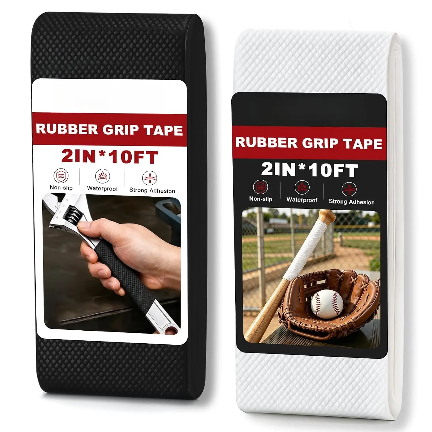 Rubber Grip Tape, 2 Rolls, 2" x 10 FT, Black & White | 20 FT ,  Adhesive  Anti-Slip Tape for Handles, Tools,  Equipment, Stairs & Indoor/Outdoor Use