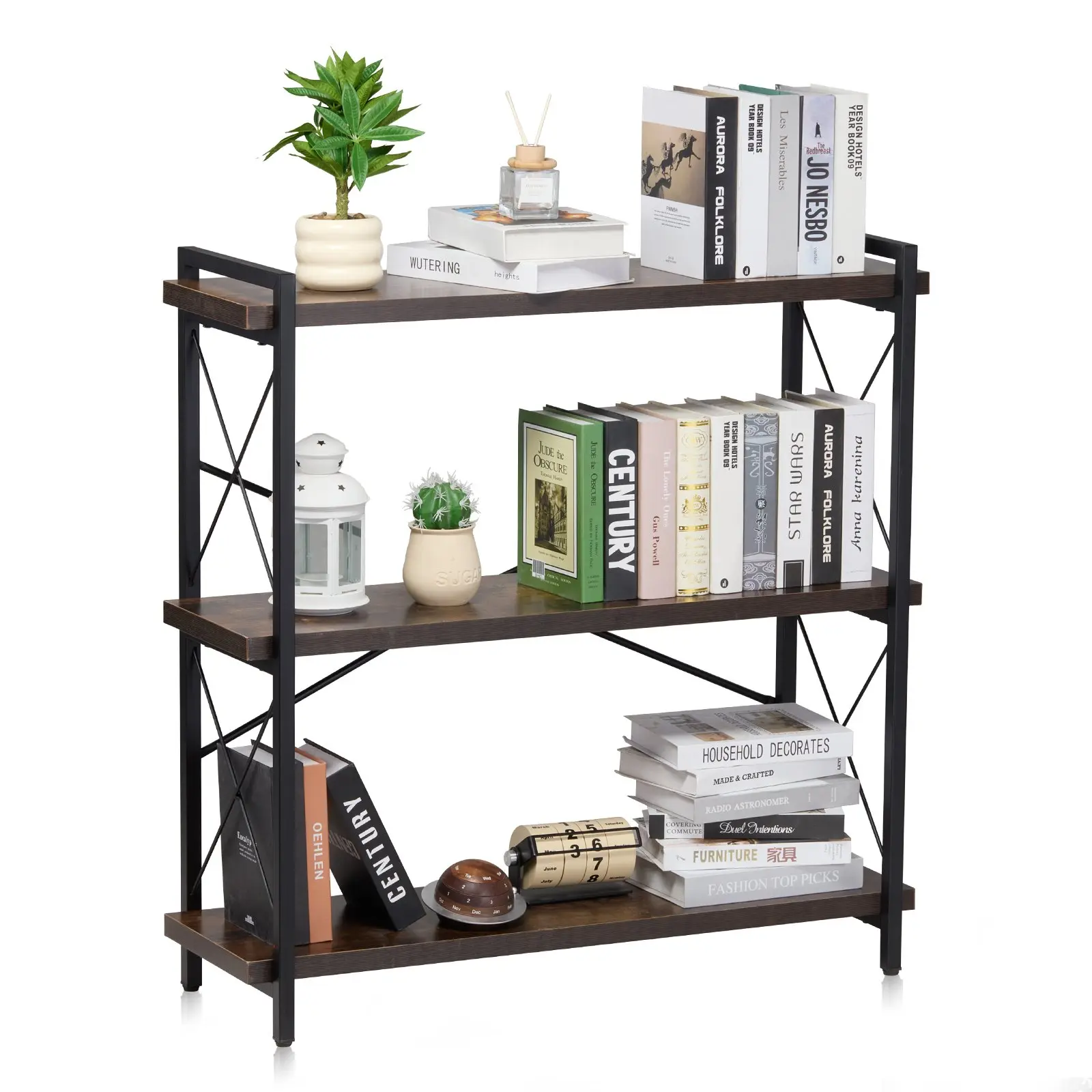 Metal Bookshelf, 3-Tier Industrial Bookshelf, Small Rustic Storage Display Bookcase with Open Shelves, Freestanding Display Vintage Shelving Unit Storage Rack, for Living room, Bedroom Office