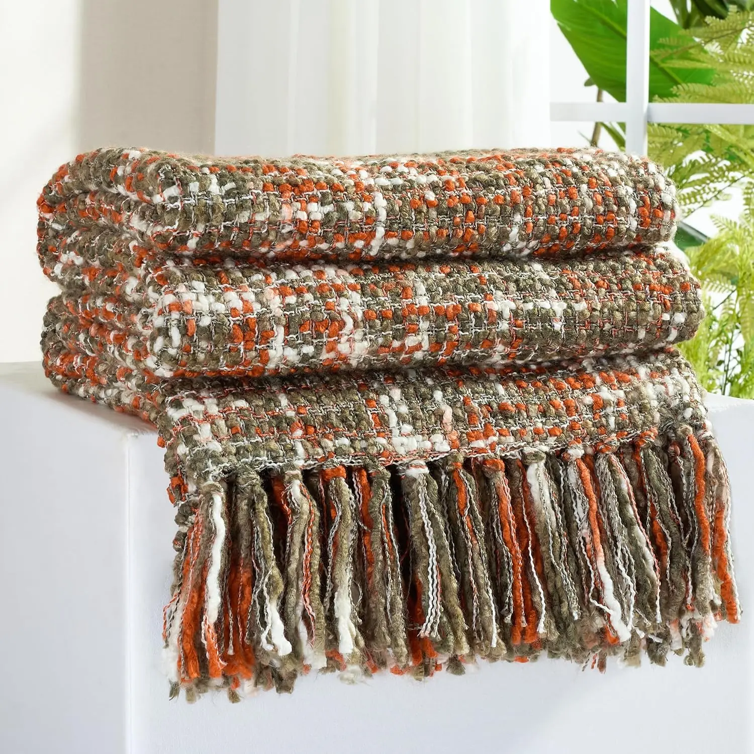 Multi-Color  Woven Throw Blanket for Couch - 50"X60" | Multicolored Boho Style,Super Soft Warm Cozy Chunky Blankets with Decorative Tassels for Bed and Sofa,Orange