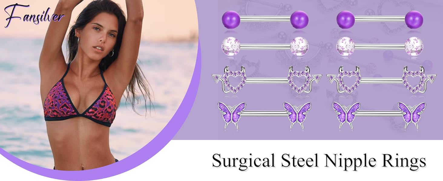 Fansilver 14G Nipple Rings for Women Surgical Steel Nipple Piercing CZ Heart Butterfly Barbell  Cute Nipple Body Piercing Jewelry for Sensitive Skin