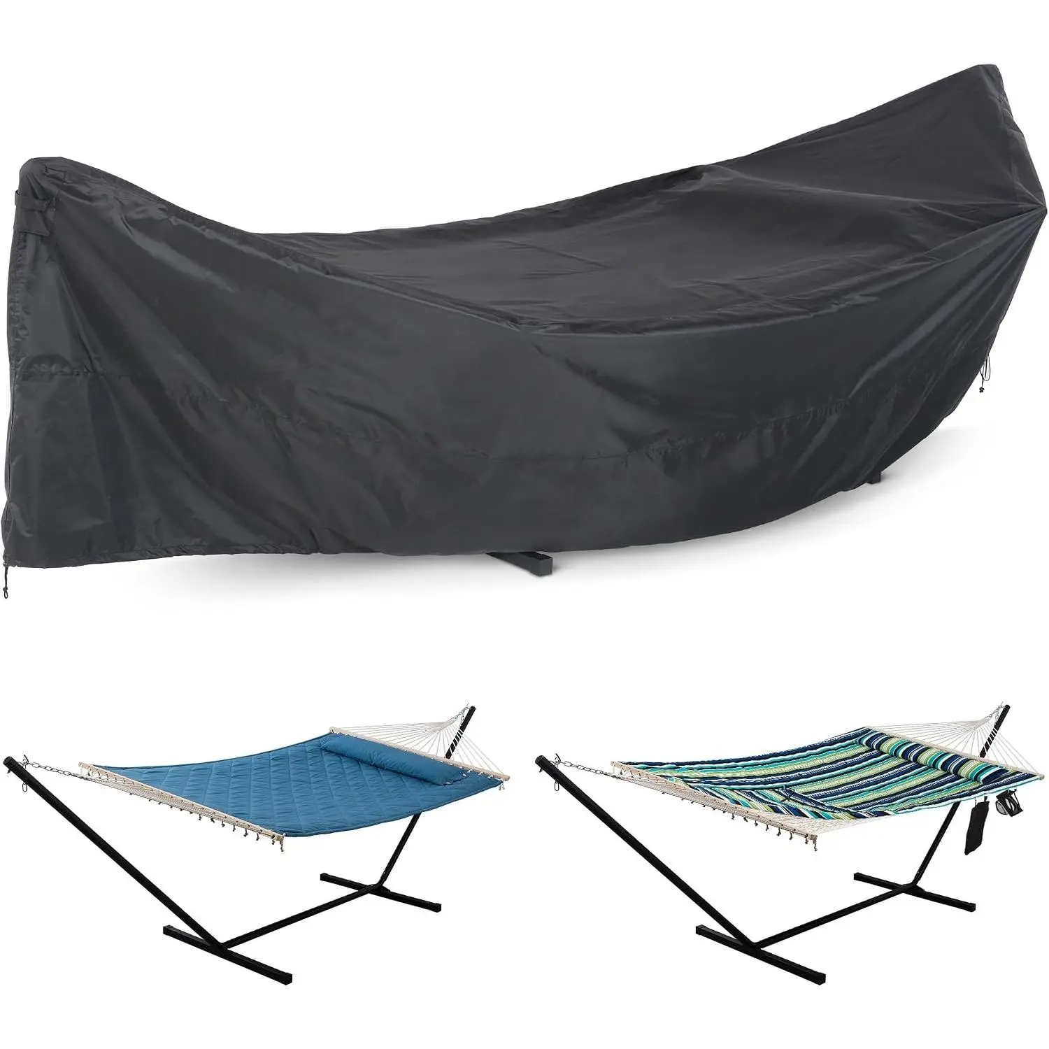 Heavy Duty Waterproof Hammock Cover for 12FT Stand, Premium PU Fabric with Windproof Buckle & Air Vents, All-Weather Protection, Grid Black