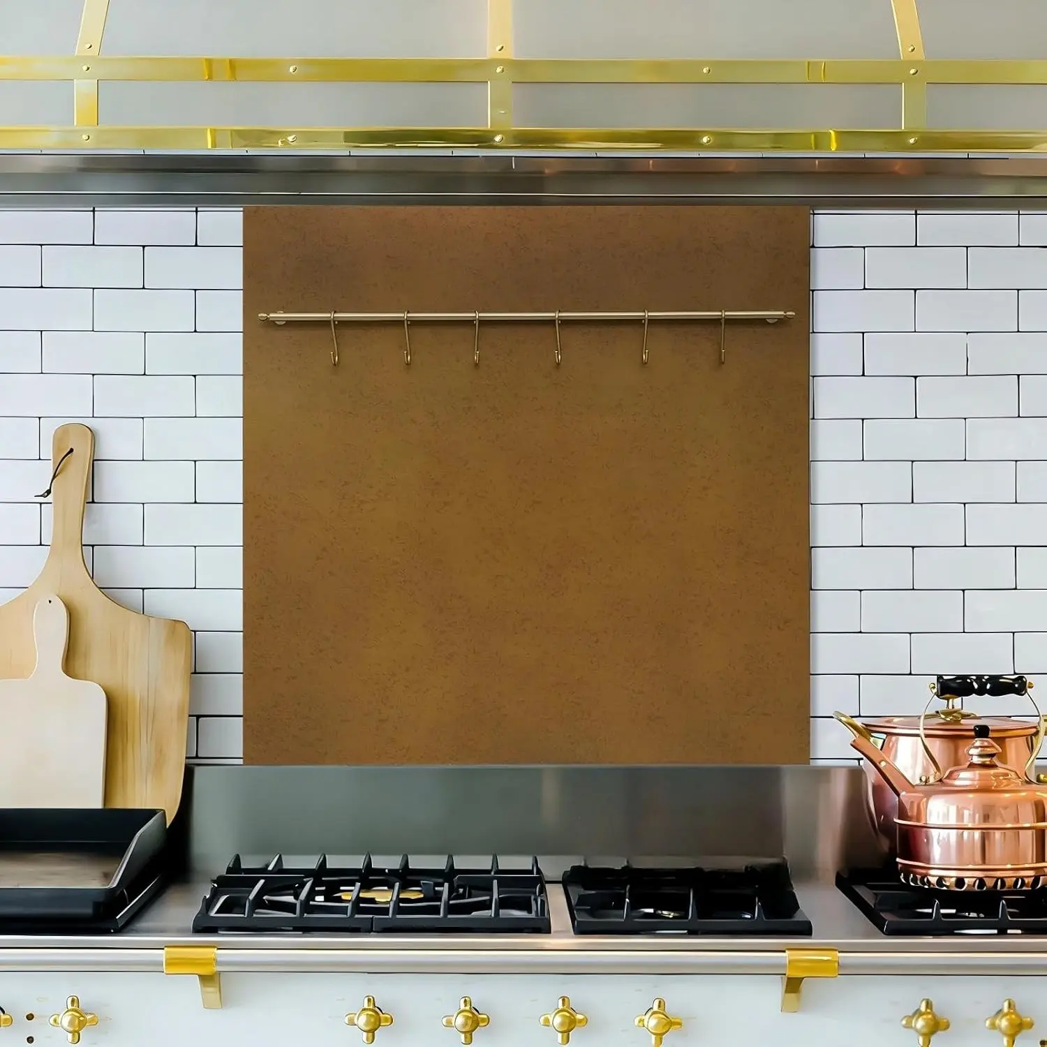 29.5“x29.5” Aged Brass Finish 304 Stainless Steel Rang Hood Backsplash with Solid Brass Rail & S Hooks,Stove Backsplash,Vintage Style,Kitchen Wall Splash Guard.