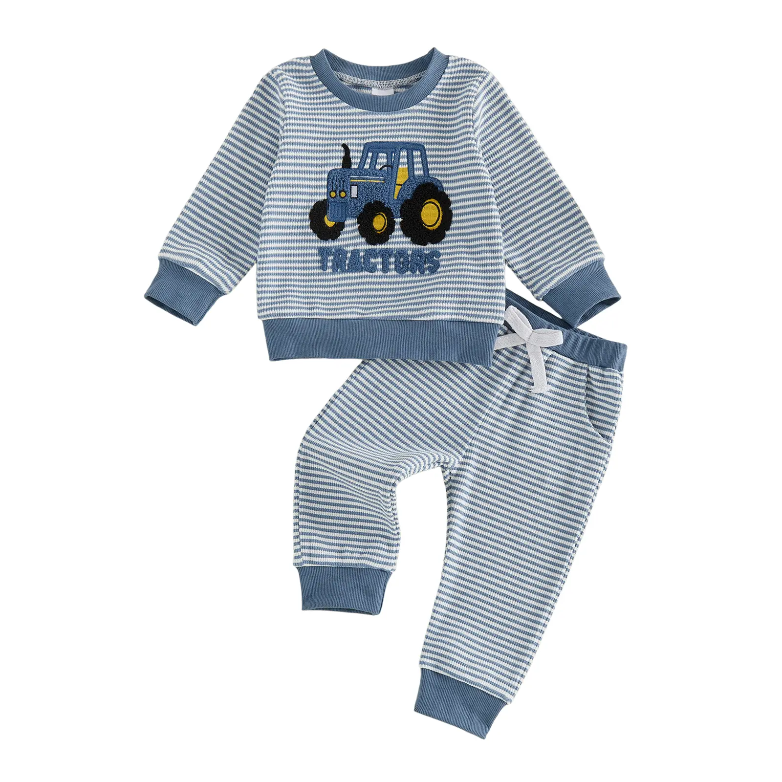 Toddler Baby Little Boy Fall Clothes Set Excavator Embroidery Long Sleeve Stripe Sweatshirts and Joggers Pants Outfits 1-5 Years