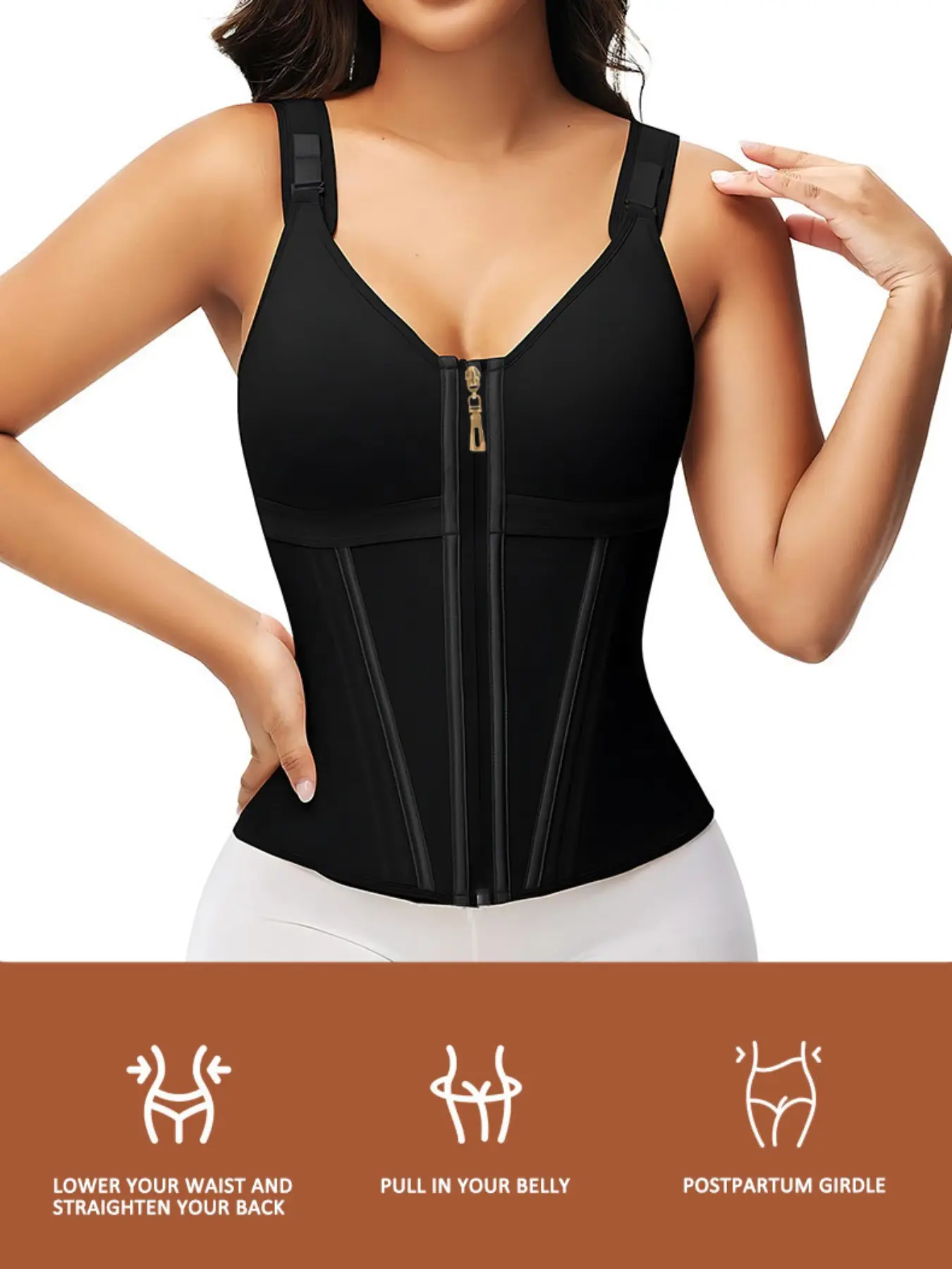 Body Shaping Vest with Waist Cinch, Stretchy and Breathable, Sports Zipper Backless Three-Button Bodysuit for Women