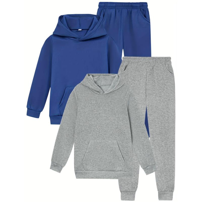 Casual Hooded Sweatsuit Set - 2 Pack Polyester Solid Color Sportswear with Pockets, Slight Stretch, Regular Fit Fall/Winter Apparel Over 3 Years Old - Comfortable Knit Jogger and Sweatshirt Combo, Outdoor