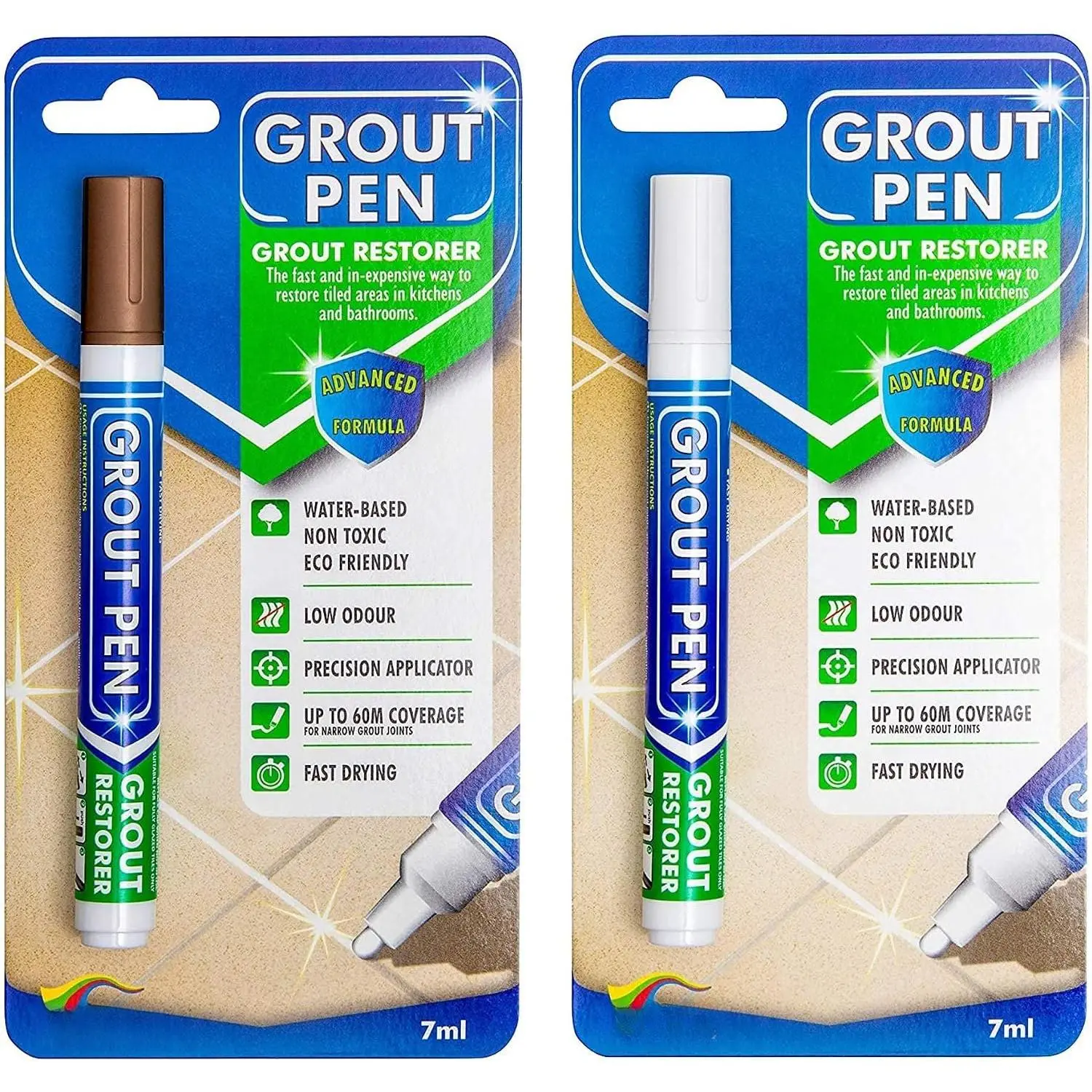 Grout Pen Tile  Marker:  Grout Colorant and Sealer Pen to Renew, Repair, and  Tile Grout - Cleaner Coating Stain Pens - 2 Pack, 5mm Narrow Brown and 5mm Narrow White Tip