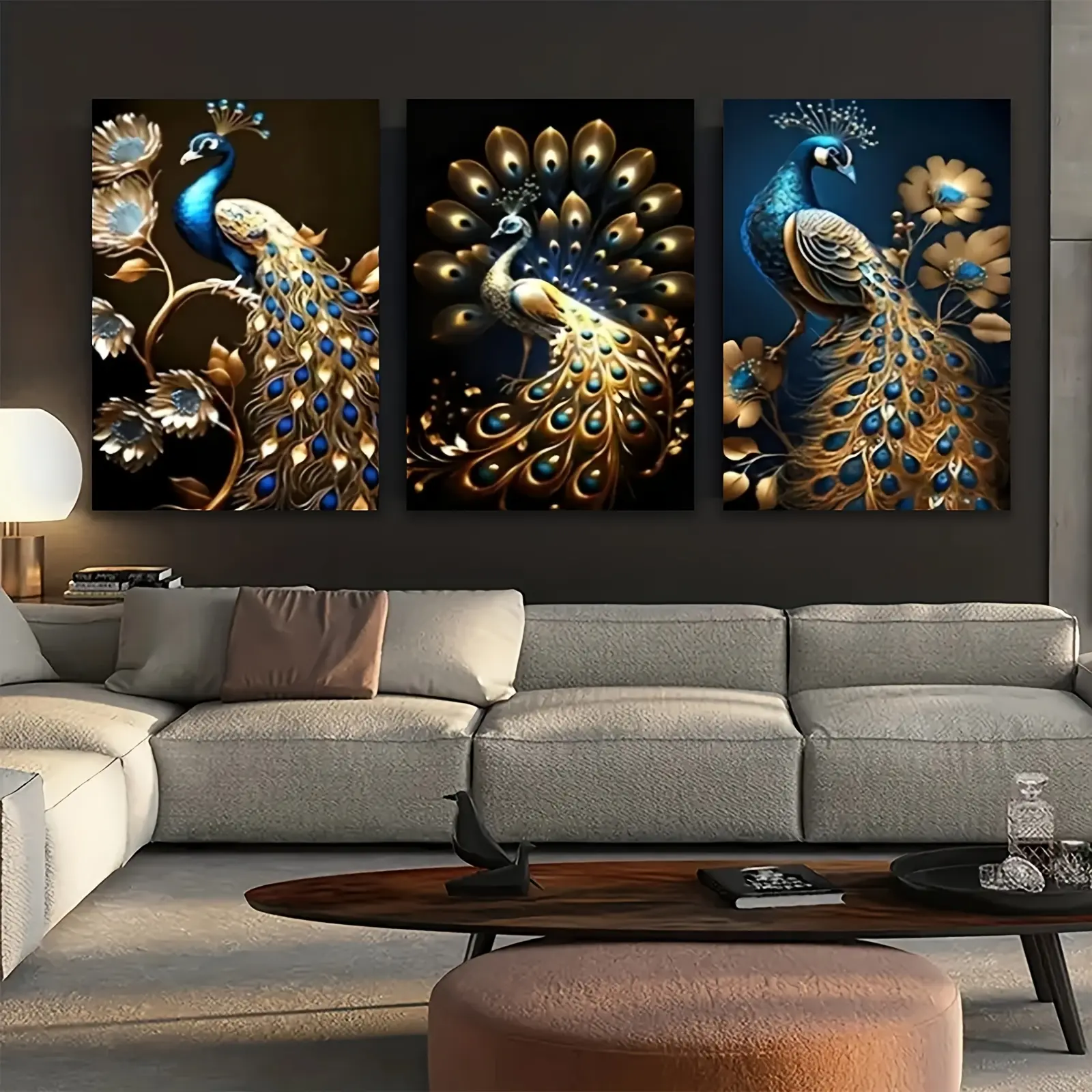 3 Pieces with Frame - Golden Peacock Triptych Wall Art Print - Wrapped Canvas with Frame, Modern Classic Decoration, Suitable for Easter, Weddings, Graduations, Anniversaries, Halloween - Indoor/Outdoor Home Decor Gift, Christmas Room Decoration, Holiday