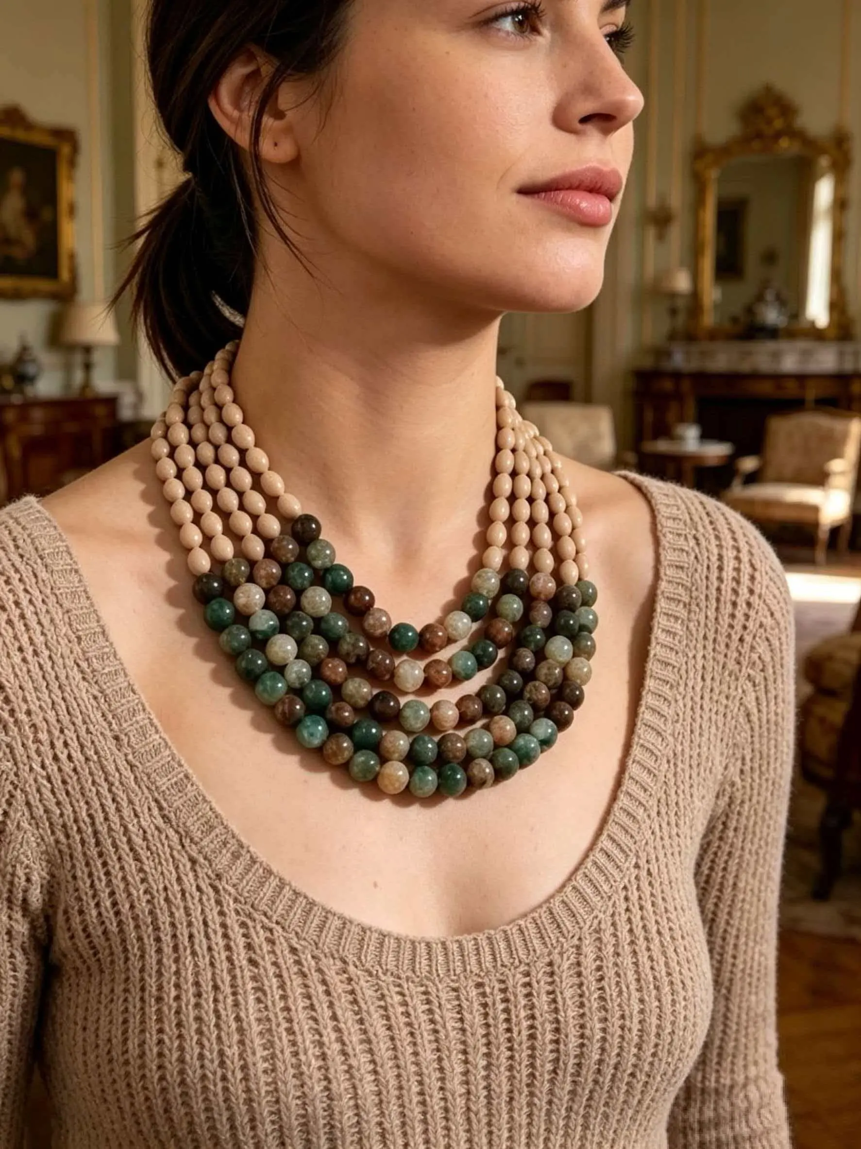 1Pcs Multi-layer Beaded Necklace, Vintage Green Brown Color Block Choker, Bohemian Stacked Statement Necklace for Women Daily Party, Boho Style Necklace, Fashionable Accessory