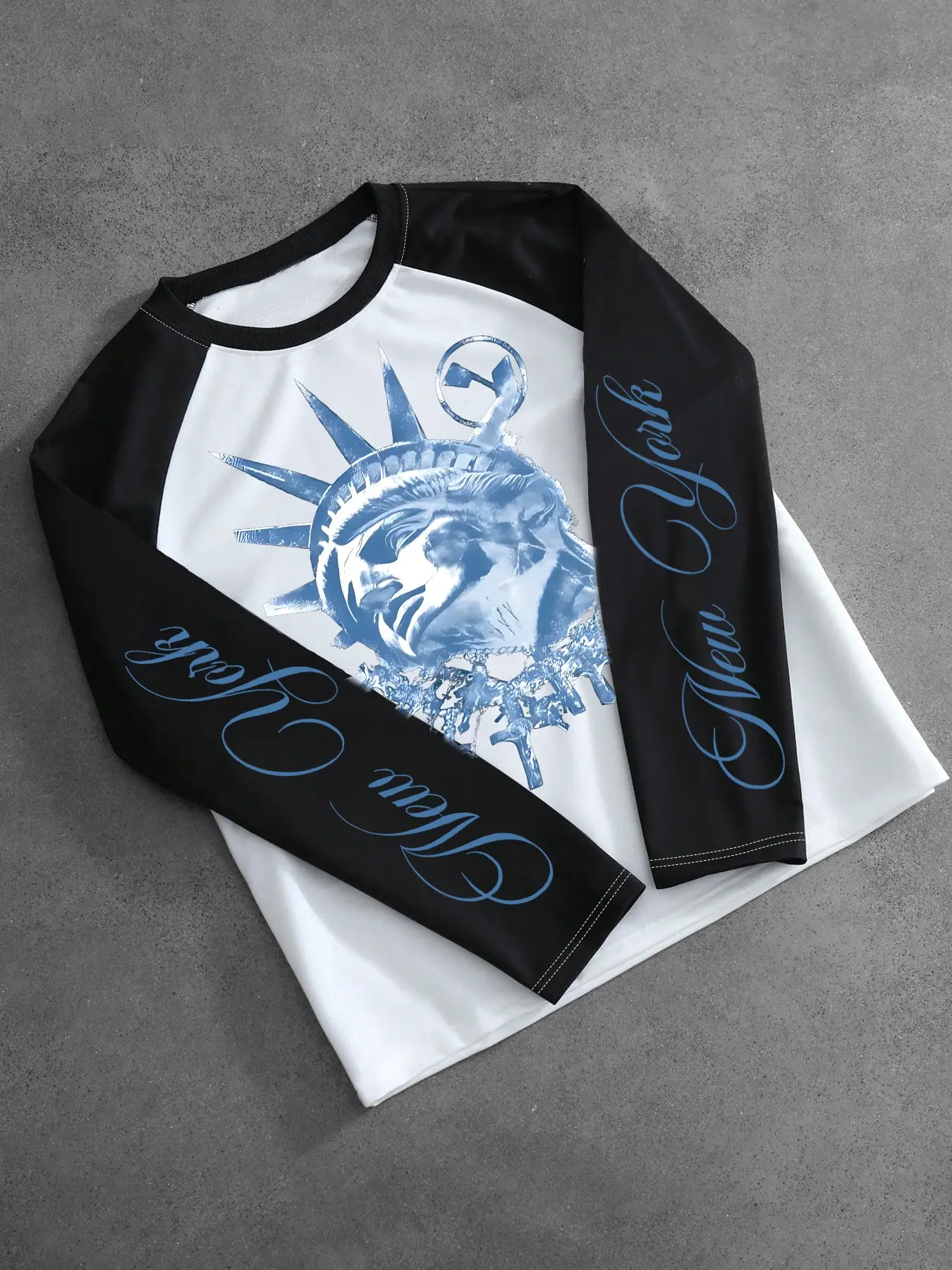 Viral Monochrome Streetwear Men Long Sleeve T-Shirt Black White Color Block Raglan Sleeve Vintage Graphic Print Bold Script Lettering Soft Lightweight Crew Neck Loose Fit Casual Top For Youth Daily Lazy Matching Outdoor Travel Gym Relaxed Wear Trendy Men
