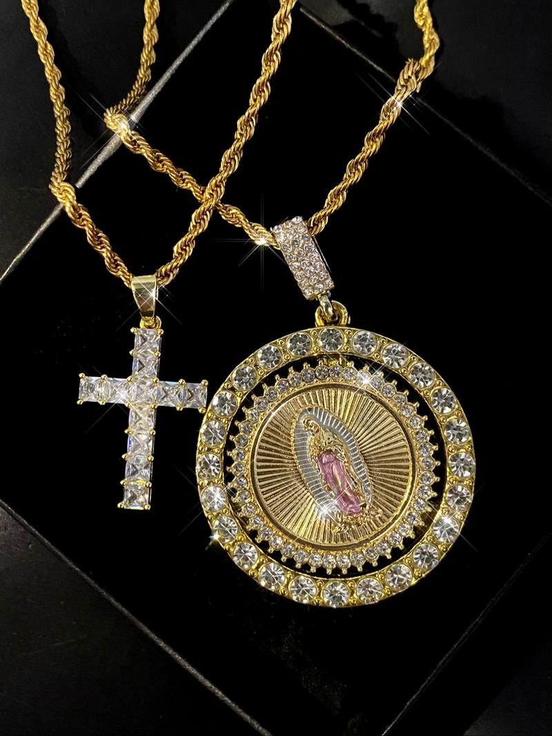 Virgin Mary Pendant Rope Chain & Cross Pendant Necklace, Rhinestone Decor Layered Necklace, Fashion Jewelry Accessories for Women & Men, Cross Necklaces